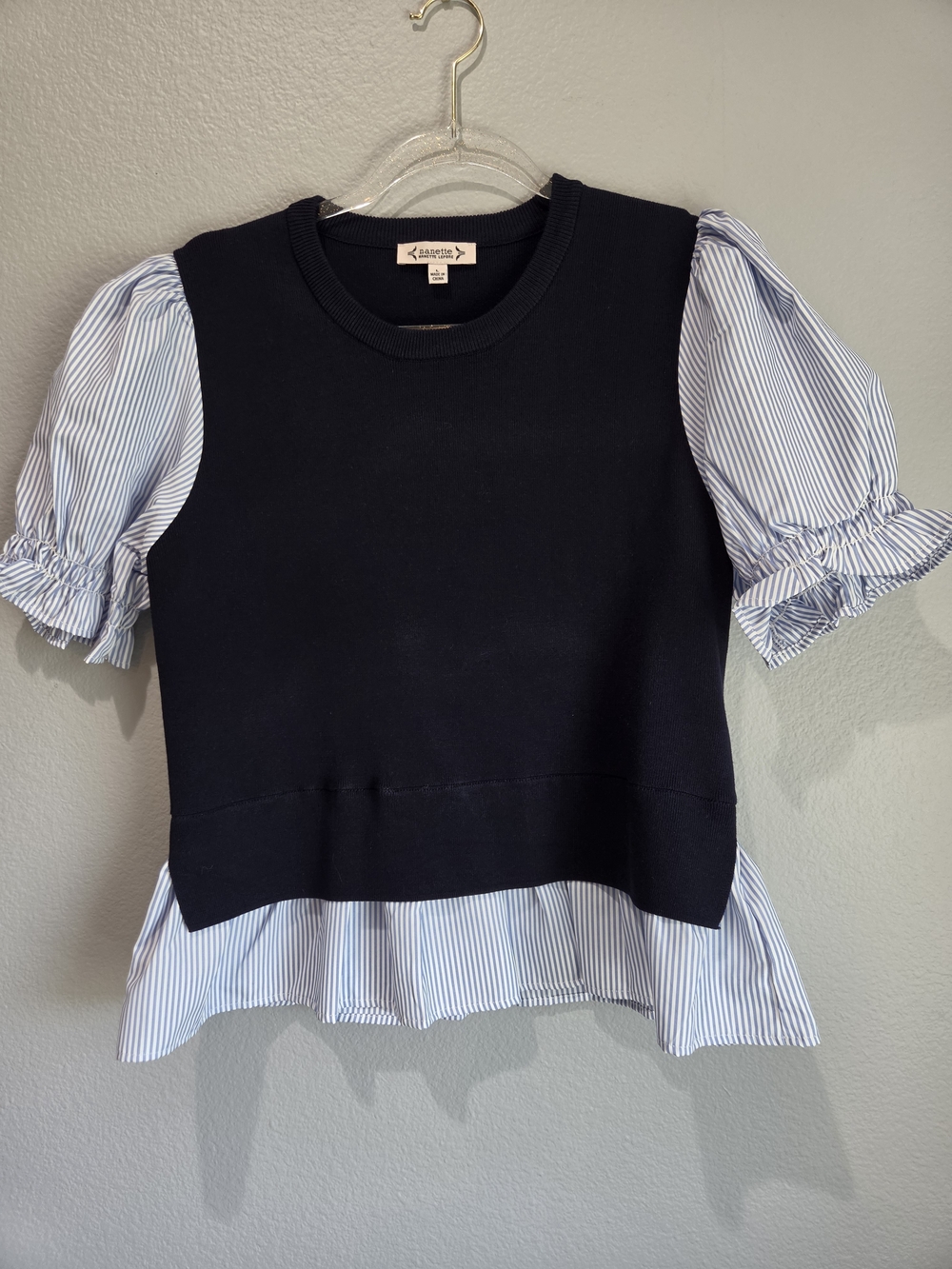 Nanette Lepore Blue Sweater Top with Blue and White Striped Puff Sleeves Large